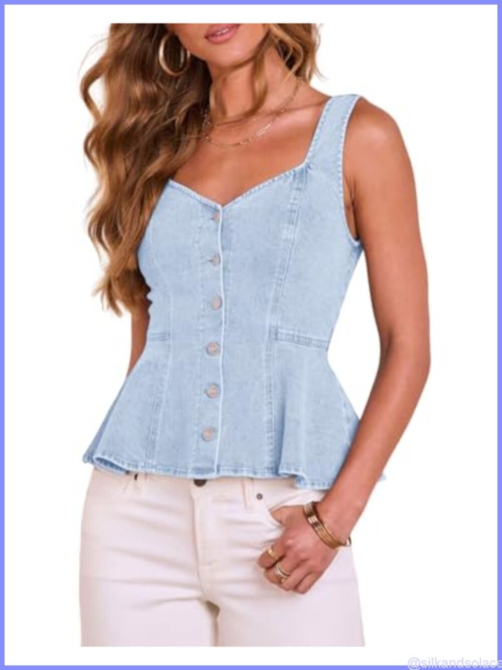 Women's Denim Tank Top Sleeveless Sweetheart Neck Peplum Button Fitted Vest